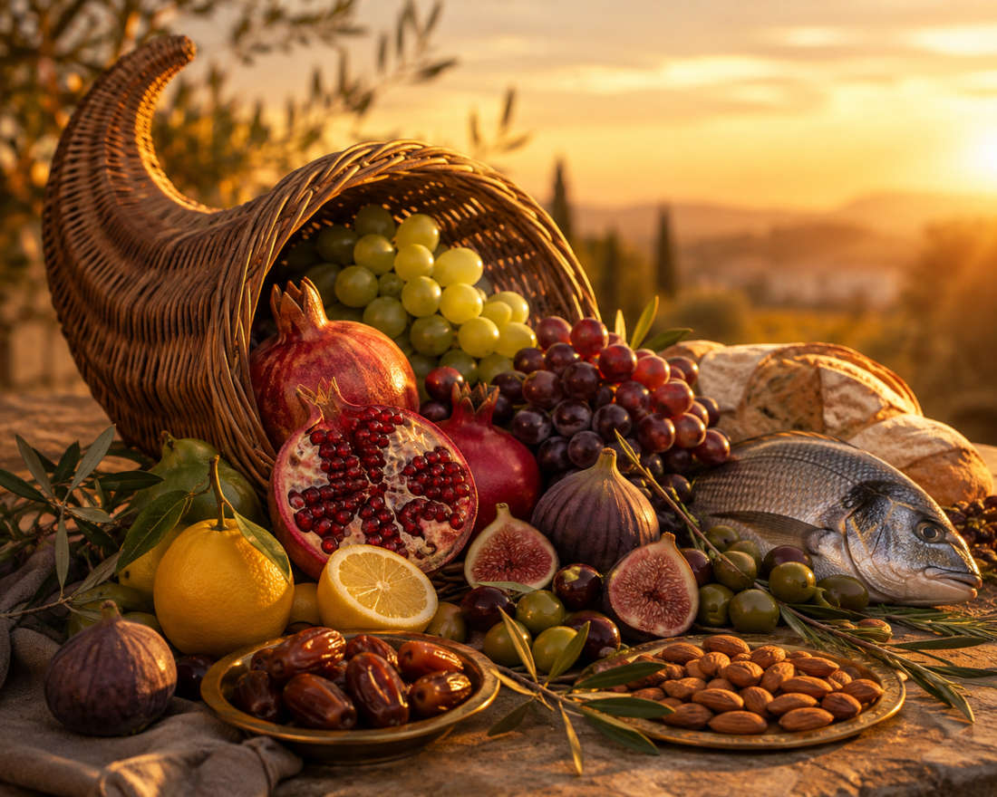 Perisseia — a woven cornucopia overflowing with grapes, pomegranates, figs, citrus, olives, dates, almonds, fresh bread, and fish in golden sunset light.