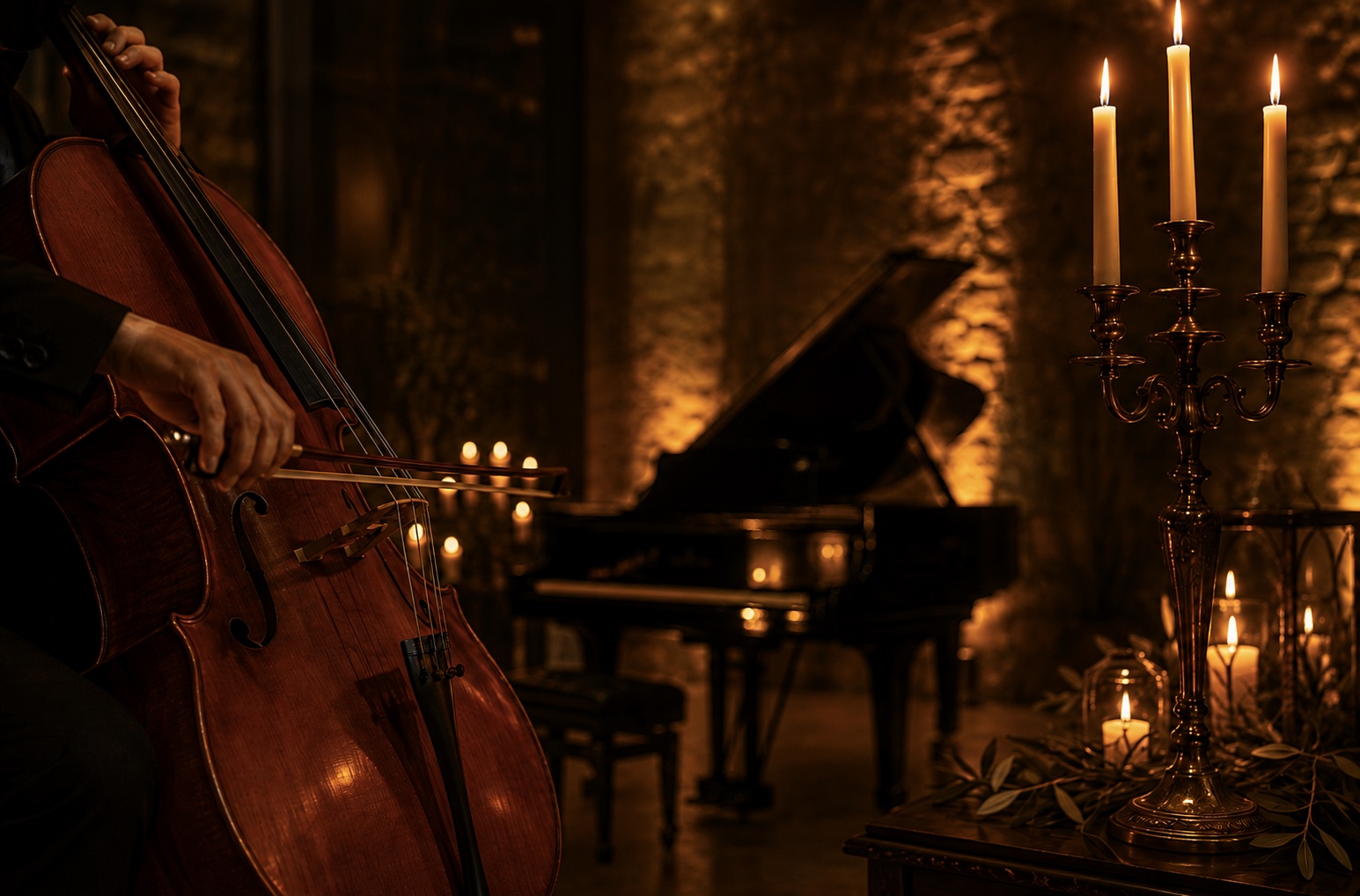 Cello and grand piano in candlelight with olive branches
