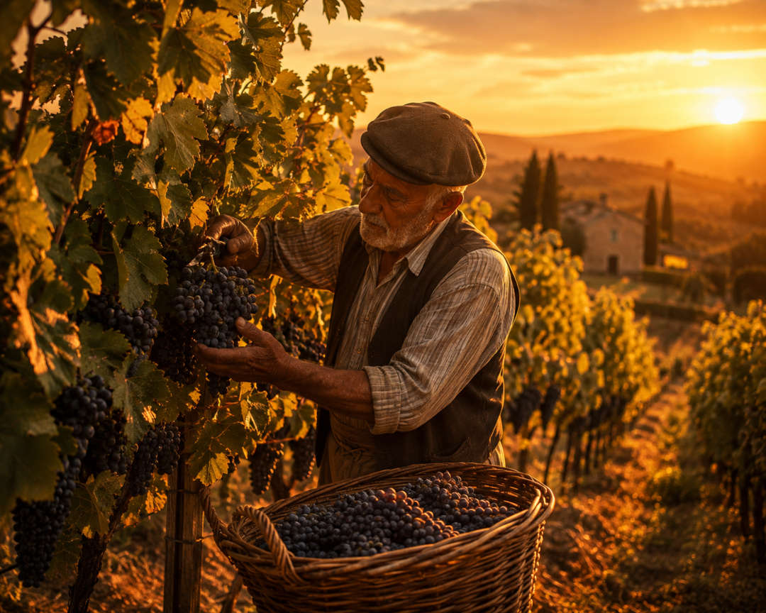 True Ampelos — an older man in a flat cap harvesting dark grapes in a vineyard at sunset, with a wicker basket and rolling hills behind him.