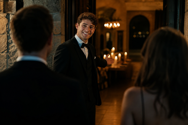 A waiter welcomes guests into the candlelit parish hall
