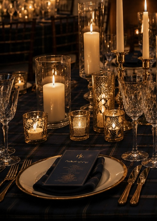 Lumina — a warm candlelit table setting with crystal glassware, gold cutlery, and white candles