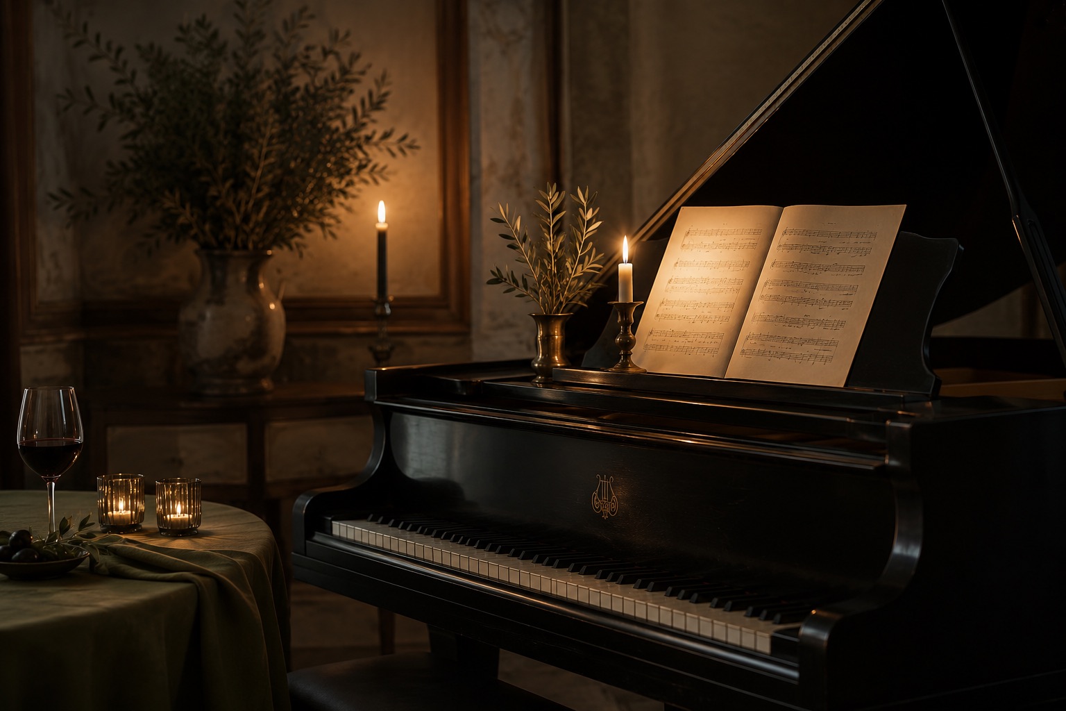 A grand piano in candlelight with open sheet music, olive branches and a glass of wine
