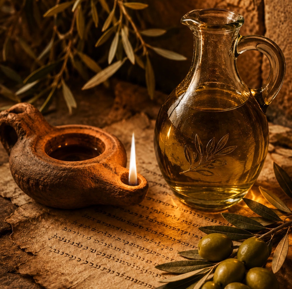 Elaion Table — golden olive oil, fresh olives, and olive grove light.