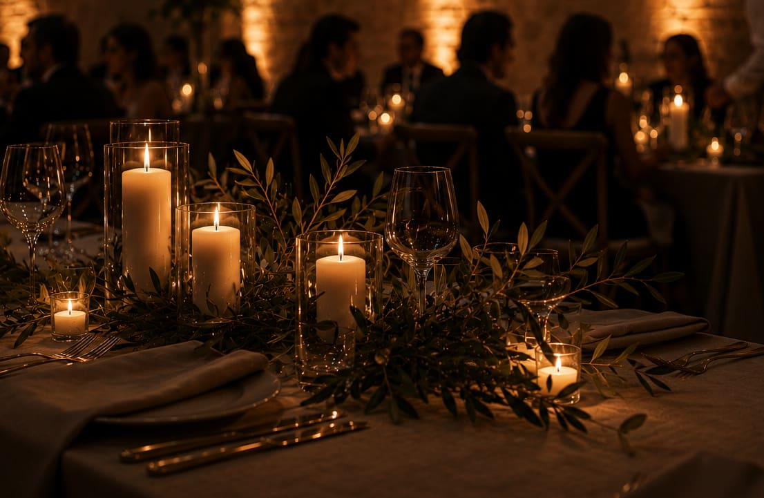 Multiple identical square dining tables of ten with formal chairs, set with bread and candlelight across a stone hall