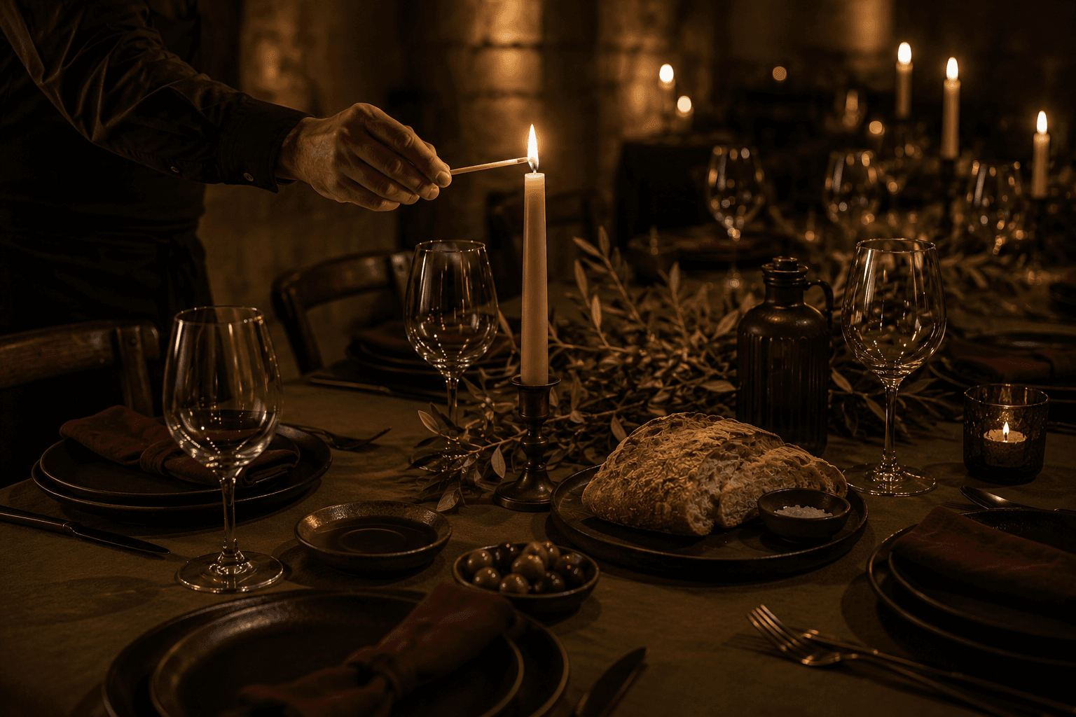 Hearth table at candlelight — olive linen, black plates, burgundy napkins, broken bread, olives and olive oil.